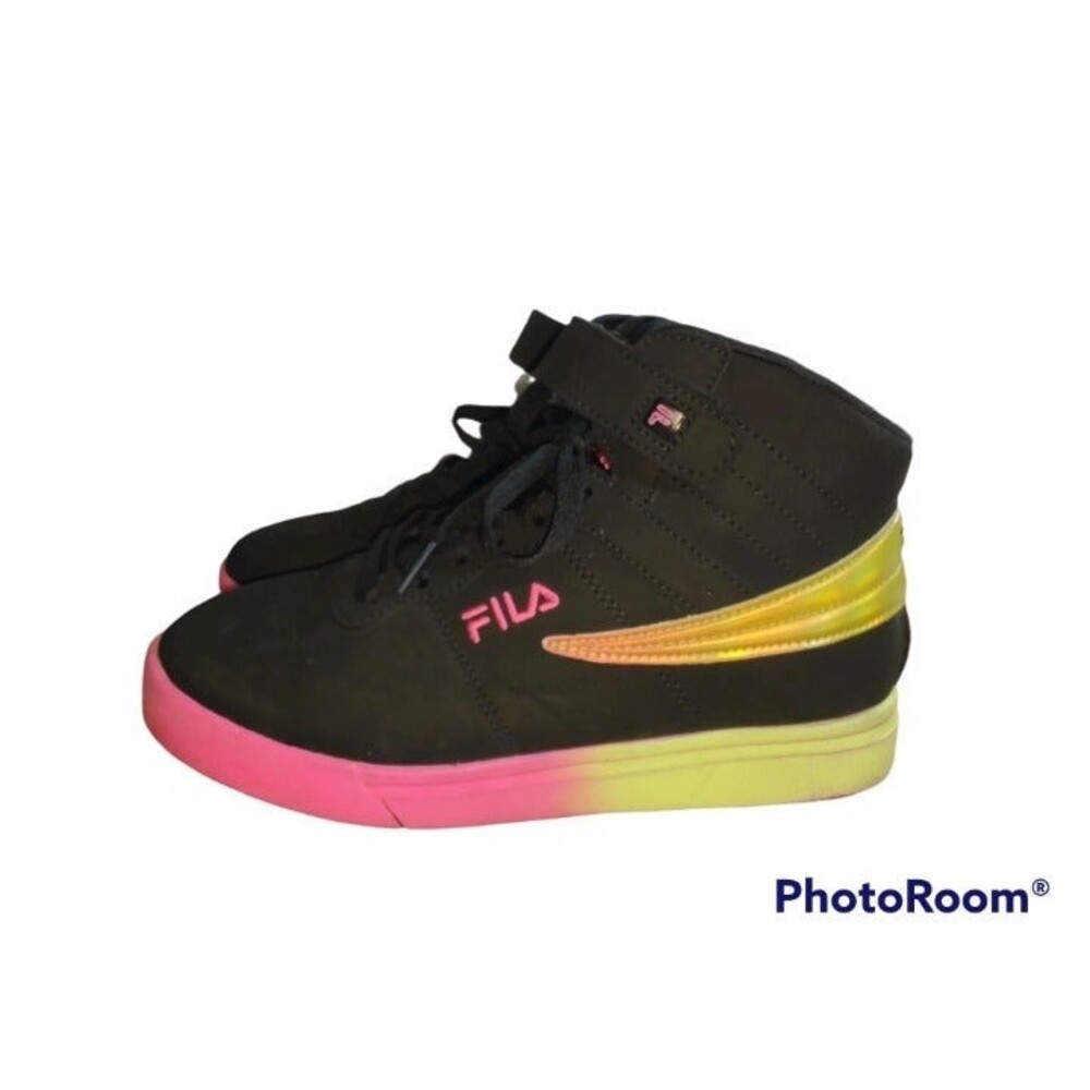 FILA Neon Vulc 13 High Top Black with Yellow/Pink Colors, Youth Size 3 1/2